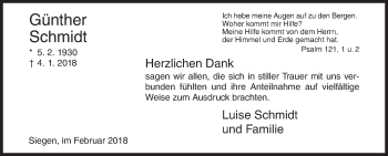 Traueranzeige von Günther Schmidt von Siegener Zeitung