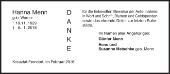 Traueranzeige von Hanna Menn von Siegener Zeitung