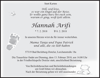 Traueranzeige von Hannah Arifi von Siegener Zeitung