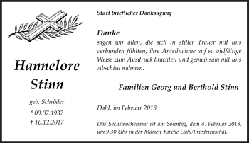Traueranzeige von Hannelore Stinn von Siegener Zeitung