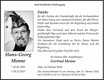 Traueranzeige von Hans-Georg Menne von Siegener Zeitung