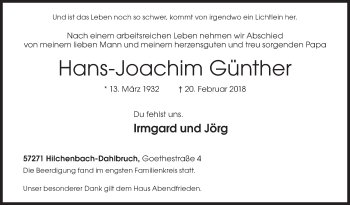 Traueranzeige von Hans-Joachim Günther von Siegener Zeitung