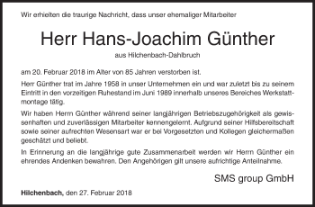 Traueranzeige von Hans-Joachim Günther von Siegener Zeitung