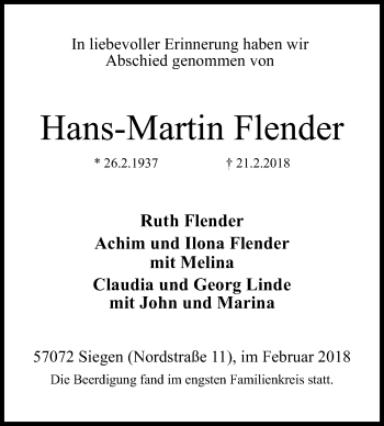 Traueranzeige von Hans-Martin Flender von Siegener Zeitung