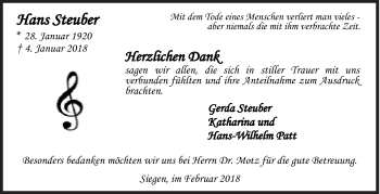 Traueranzeige von Hans Steuber von Siegener Zeitung