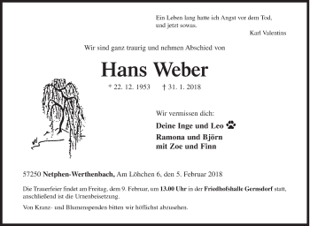 Traueranzeige von Hans Weber von Siegener Zeitung