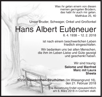 Traueranzeige von Hans Albert Euteneuer von Siegener Zeitung