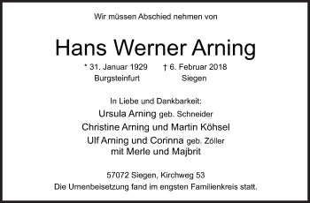 Traueranzeige von Hans Werner Arning von Siegener Zeitung