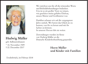 Traueranzeige von Hedwig Müller von Siegener Zeitung