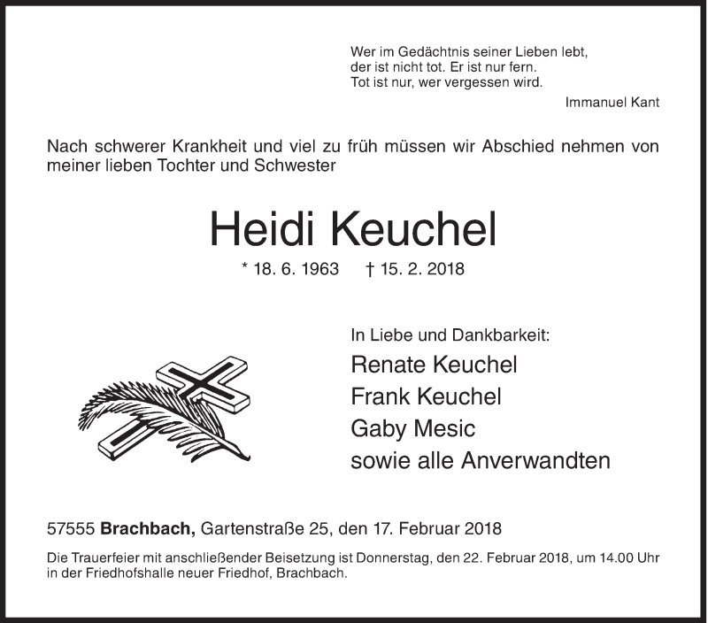  Traueranzeige für Heidi Keuchel vom 17.02.2018 aus Siegener Zeitung