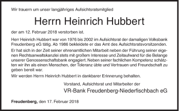 Traueranzeige von Heinrich Hubbert von Siegener Zeitung