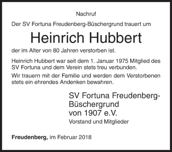 Traueranzeige von Heinrich Hubbert von Siegener Zeitung