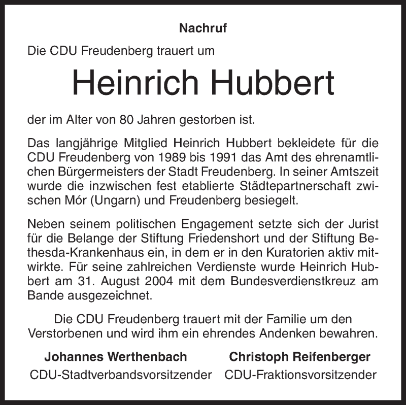 Traueranzeige für Heinrich Hubbert vom 19.02.2018 aus Siegener Zeitung