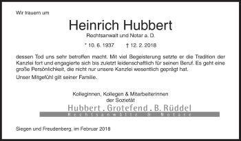 Traueranzeige von Heinrich Hubbert von Siegener Zeitung