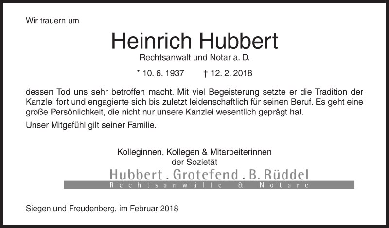  Traueranzeige für Heinrich Hubbert vom 17.02.2018 aus Siegener Zeitung