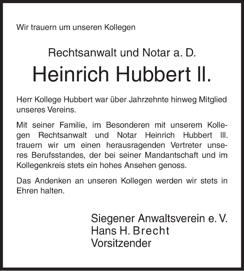  Traueranzeige für Heinrich Hubbert vom 17.02.2018 aus Siegener Zeitung