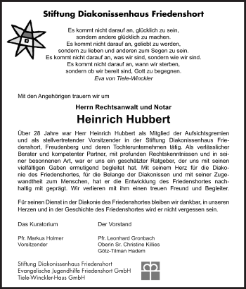 Traueranzeige von Heinrich Hubbert von Siegener Zeitung