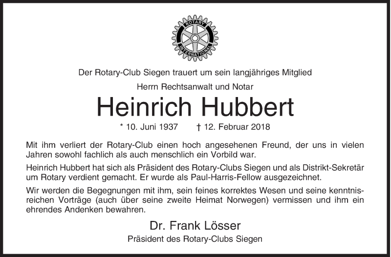  Traueranzeige für Heinrich Hubbert vom 17.02.2018 aus Siegener Zeitung