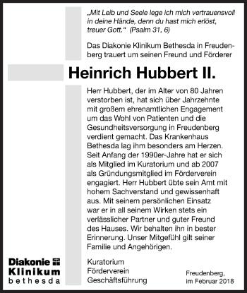 Traueranzeige von Heinrich Hubbert von Siegener Zeitung