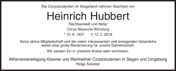 Traueranzeige von Heinrich Hubbert von Siegener Zeitung