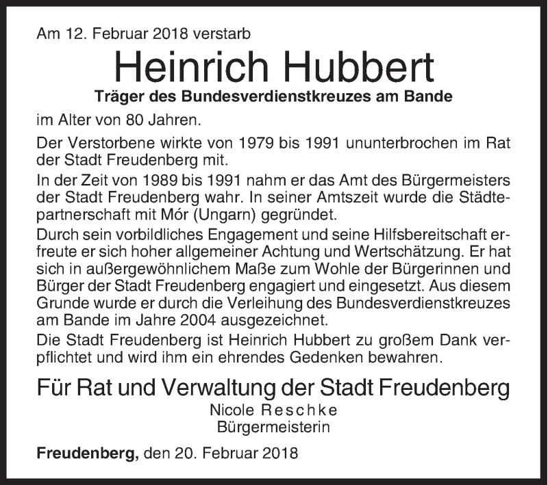  Traueranzeige für Heinrich Hubbert vom 20.02.2018 aus Siegener Zeitung