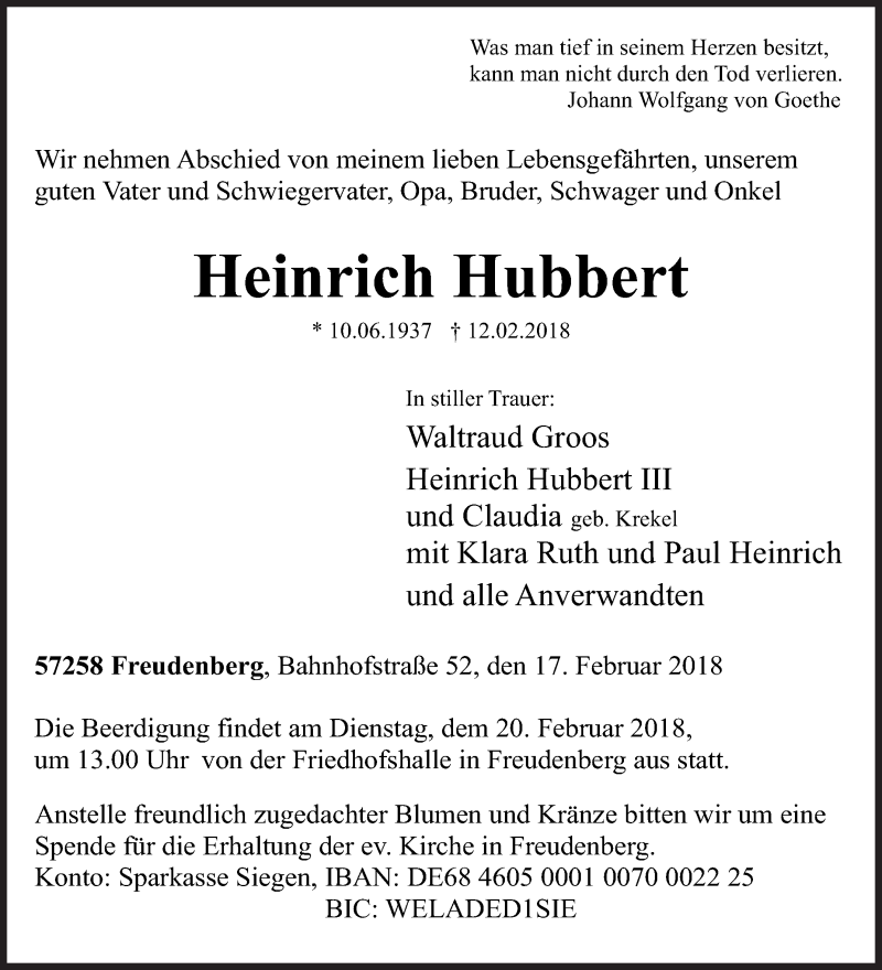  Traueranzeige für Heinrich Hubbert vom 17.02.2018 aus Siegener Zeitung