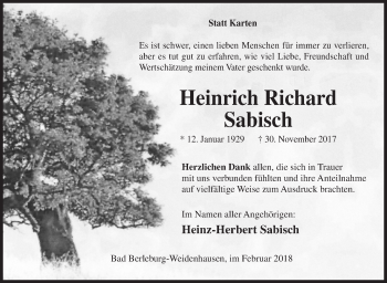Traueranzeige von Heinrich Richard Sabisch von Siegener Zeitung