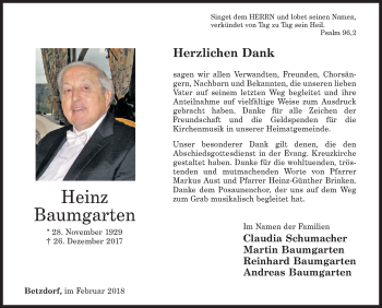 Traueranzeige von Heinz Baumgarten von Siegener Zeitung