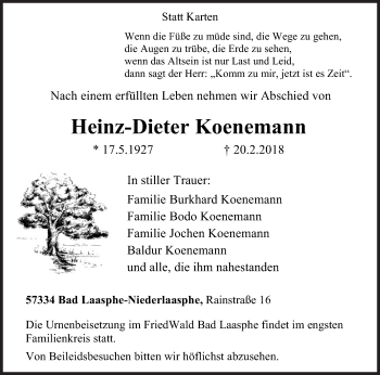 Traueranzeige von Heinz-Dieter Koenemann von Siegener Zeitung