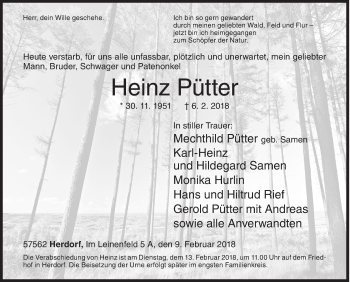 Traueranzeige von Heinz Pütter von Siegener Zeitung