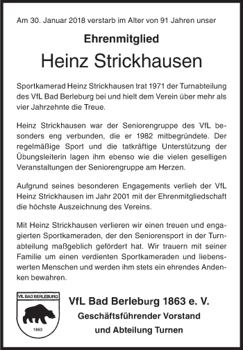 Traueranzeige von Heinz Strickhausen von Siegener Zeitung