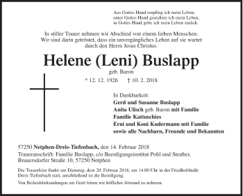 Traueranzeige von Helene Buslapp von Siegener Zeitung