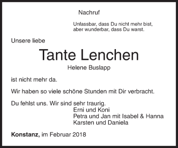 Traueranzeige von Helene Buslapp von Siegener Zeitung