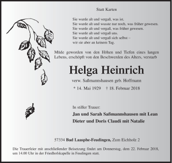 Traueranzeige von Helga Heinrich von Siegener Zeitung