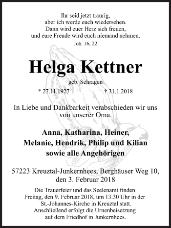 Traueranzeige von Helga Kettner von Siegener Zeitung