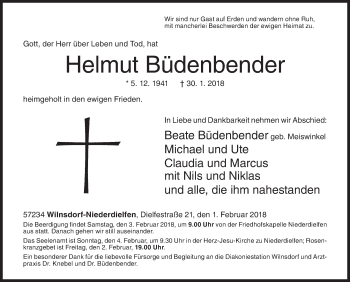 Traueranzeige von Helmut Büdenbender von Siegener Zeitung