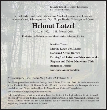 Traueranzeige von Helmut Latzel von Siegener Zeitung