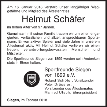 Traueranzeige von Helmut Schäfer von Siegener Zeitung