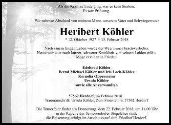 Traueranzeige von Heribert Köhler von Siegener Zeitung
