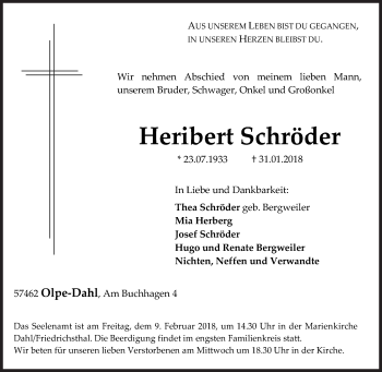 Traueranzeige von Heribert Schröder von Siegener Zeitung