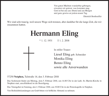 Traueranzeige von Hermann Eling von Siegener Zeitung