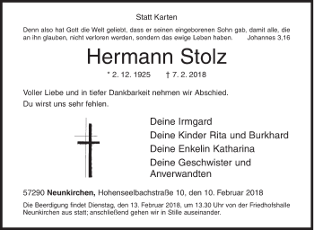 Traueranzeige von Hermann Stolz von Siegener Zeitung