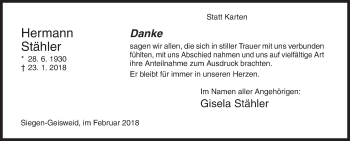 Traueranzeige von Hermann Stähler von Siegener Zeitung