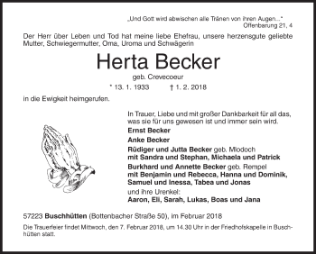 Traueranzeige von Herta Becker von Siegener Zeitung