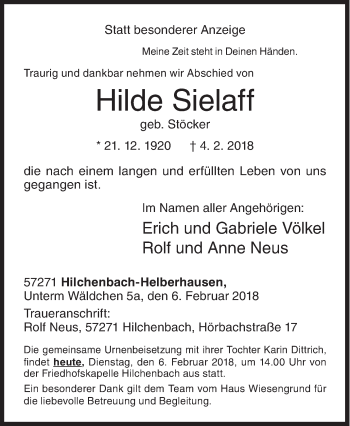 Traueranzeige von Hilde Sielaff von Siegener Zeitung