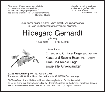 Traueranzeige von Hildegard Gerhardt von Siegener Zeitung