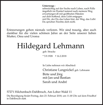 Traueranzeige von Hildegard Lehmann von Siegener Zeitung