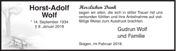 Traueranzeige von Horst-Adolf Wolf von Siegener Zeitung