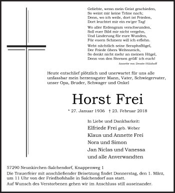 Traueranzeige von Horst Frei von Siegener Zeitung