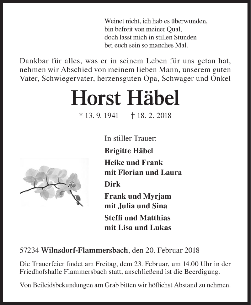  Traueranzeige für Horst Häbel vom 20.02.2018 aus Siegener Zeitung